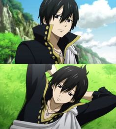 two anime characters one with black hair and the other without