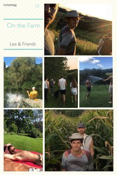 people are standing and sitting in the grass near water, trees, and other things