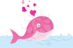 a pink whale with hearts floating out of it's mouth in the ocean water