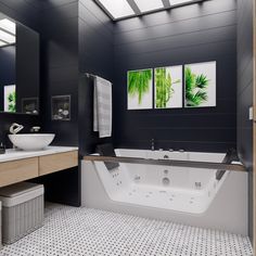 a large bathroom with two sinks and a bathtub in the middle of the room