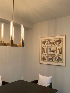 a dinning room table and chairs in front of a framed art piece on the wall