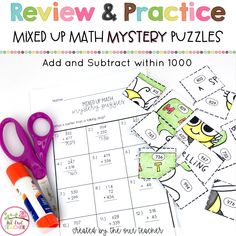 a printable math mystery puzzle with scissors and markers next to it on a table