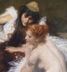 two women sitting next to each other on a bed in the same painting as one woman