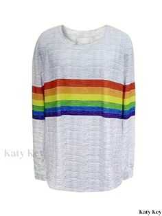 Katykey - Womens Plus-Size Casual T-Shirt: Rainbow Stripe Print, Long-Sleeved, Round-Necked, with Slight Stretch Casual Rainbow Print Top For Fall, Rainbow Cotton Top For Fall, Casual Long Sleeve Rainbow Print Tops, Casual Long Sleeve Tops With Rainbow Print, Multicolor Stretch Crew Neck Top, Stretch Multicolor Tops With Letter Print, Multicolor Letter Print Stretch Top, Stretch Striped Long Sleeve T-shirt, Casual Rainbow Tops With Letter Print