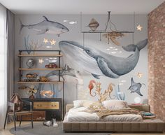 a bedroom with a brick wall and dolphins on the wall, along with an ocean themed mural