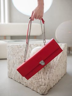 Red elegant handbag with chain and extra pouch inside for cosmetics or small essentials such as keys, coins, cards. Handbag design "Sweet Flag" - leave your unnecessary luggage at home and let your curiosity take you to a journey into the unknown. DETAILS: ▪️  Measurements : 4.3 x 12 x 2.6 in (11 x 30.5 x 6.5 cm.) ▪️  Inside - cotton lining. ▪️  Closes with metal magnets. ▪️  Extra leather cosmetic pouch inside. ▪️  Adjustable handbag strap. ▪️  You can choose the color you like. ▪️  Natural Ita Elegant Handbag, Colorful Handbags, Minimalist Bag, Into The Unknown, Handbag Straps, Colored Leather, The Unknown, Cosmetic Pouch, Custom Bags