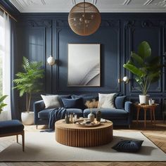 a living room with dark blue walls and wooden furniture, including a round coffee table