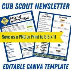 Cub Scout Monthly Newsletter - Editable Canva Template by the teacher trooper Wolf Activities, Activities To Keep Kids Busy, Beaver Scouts, Girl Scout Troop Leader