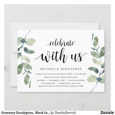 the wedding card is printed on top of a white envelope with greenery and leaves