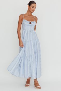 Shop the Doe Tied Bust Maxi Dress Blue | Selfie Leslie Blue Maxi Dress With Tie Straps For Day Out, Feminine Tie-straps Maxi Dress For Beach, Blue Tiered Feminine Maxi Dress, Blue V-neck Sundress Maxi Dress, Blue Selfie, Light Blue V-neck Maxi Dress For Beach, Selfie Leslie, Maxi Sundress, Picnic Date