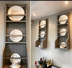 two shelves with plates and wine bottles on them