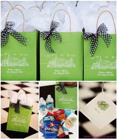 green shopping bags with black and white polka dots tied to them are shown in four different pictures