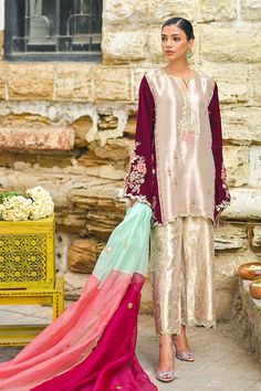 This gold tissue shirt is both festive and elegant. The shirt is delicately worked with zardoze and appliqué details, with velvet panels in a mulberry hue. It comes with an organza colour-blocked dupatta and is paired with brocade culottes with appliquéd borders. Brocade Designer Suits, Simple Punjabi Suits, Pak Suits, Embroided Dresses, Casual Bridal Dress, Velvet Suit Design, Clothing Pattern Design, Shadi Dresses, Study Flashcards