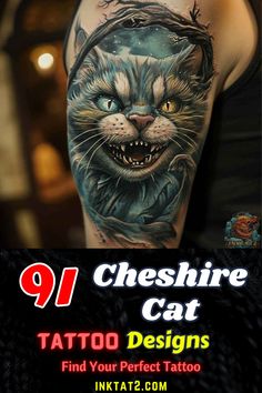 a man with a cat tattoo on his arm and the words 91 cheesfire cat tattoos