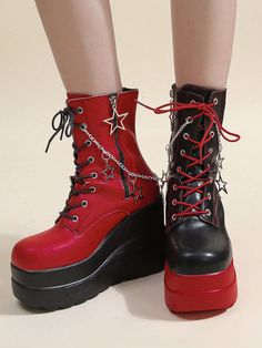 2024 Autumn and Spring New Punk Style Starry Sky Ankle Boots - Red and Ankle Boots Style, Wedges Boots, Floral Boots, Women Ankle Boots, Star Chain, Boots Style, Boot Print, Red Boots, Punk Outfits