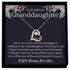 PRICES MAY VARY. A beautiful Gift for granddaughters: The stunning heart necklace for that special granddaughter is made of sterling silver with gold and rhodium plating; this women's sterling silver necklace is made from high quality cubic zirconia and 14k gold plated details and features a dancing crystal center. Granddaughters will love this gift from Grandma or Grandpa. This crystal necklace comes with a message card that says "My heart swells with the privilege of calling you my Granddaught Grandpa Granddaughter, To My Granddaughter, Granddaughter Birthday, Jesus Prayer, Grandma And Grandpa, Black Gift Boxes, Silver Heart Necklace, Always Love You, Girls Jewelry