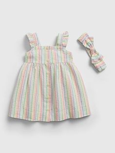 White Bloomers, Striped Summer Dress, Striped Dress Summer, Baby Coat, Baby Fits, Frocks For Girls, Matching Headband