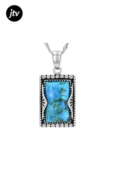 Elevate your style with this stunning 18x10mm Blue Composite Turquoise Sterling Silver Pendant With 18.0"L Chain by Southwest Style by JTV���! Crafted to perfection, the composite turquoise pieces are skillfully bound together, creating a mesmerizing baguette shape that measures 1.27 inches in length and 0.60 inches in width. The vibrant blue hue of the gemstone adds a pop of color to any outfit, making it an eye-catching statement piece for all occasions.  The intricate detailing and high-quali Nickel Free Turquoise Rectangular Jewelry, Elegant Turquoise Necklace With Rectangular Pendant, Elegant Turquoise Jewelry With Rectangular Stone, Elegant Turquoise Rectangular Stone Jewelry, Turquoise Gemstone Rectangular Pendant Jewelry, Turquoise Gemstone Square Pendant Jewelry, Rectangular Turquoise Gemstone Necklaces, Turquoise Rectangular Pendant Necklace With Gemstone, Rectangular Turquoise Gemstone Necklace