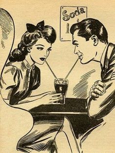 an old black and white drawing of two people sitting at a table with drinks in front of them