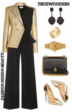 Black And Gold Outfit, Gold Blazer, Classic Style Outfits, Gold Outfit, Women's Handbags, Classic Outfits, Mode Vintage