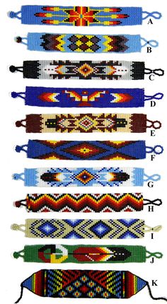 a group of bracelets with different colors and designs on them, all lined up in rows