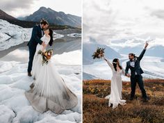 a couple standing on top of a snow covered field