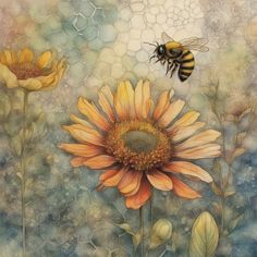 a painting of a bee flying over a sunflower and another flower in the background