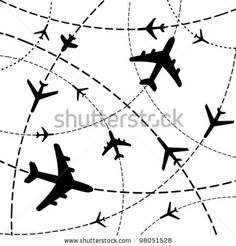 several airplanes flying through the air with dotted lines in the background, and on top of each other