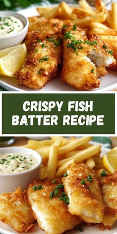 crispy fish batters with lemon wedges and parsley sauce on the side