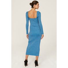 Blue knit (40% Viscose, 26% Polyamide, 10% Metallized Fiber). Sheath. Long sleeves. Sweetheart. Pull on. 49" from shoulder to hemline. Imported. Fitted Knit Bodycon Dress For Party, Fitted Knit Bodycon Party Dress, Knit Fitted Bodycon Dress For Party, Fitted Knit Midi Dress For Party, Knit Fitted Midi Dress For Party, Knit Midi Dress For Party, Knee-length Knit Midi Dress For Party, Knee-length Knit Bodycon Party Dress, Knit Midi Sweater Dress For Party