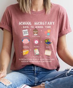 Kick off the school year with our School Secretary Shirt, featuring a fun and playful design perfect for the office. This Funny Back To School Tshirt is a Cute T-shirt Gift for School Secretary, combining humor and comfort. Ideal for any school receptionist, this Admin Squad Tee shows appreciation for their hard work and dedication. Product Description: ⇝ Bella and Canvas Brand Shirts ⇝ Unisex Adult Sizing ⇝ Rolled Sleeves in pictures are for styling purposes only ⇝ Props used in photos for are Teacher Team Shirts Business Casual, Cheap Everyday T-shirt For Back To School, Cheap School Shirt With Funny Text, Staff Tshirts Funny, School Motivation Tshirt, Cheap Customizable T-shirt For Teacher Appreciation, Tee Shirts Staff Meeting Funny, Playful Cheap Shirt For School, Funny Tshirts For Teacher Assistants