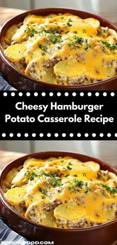 two photos of cheesy hamburger potato casserole in a brown dish with cheese on top