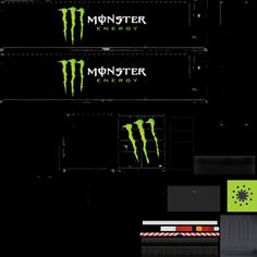 the monster energy logo is shown in three different colors and font options for each vehicle