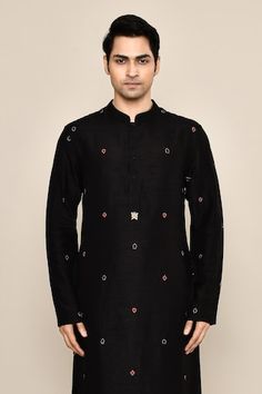 Black kurta featuring poker motif hand embroidery in the front and sleeves. Paired with a solid black salwar. - Aza Fashions Traditional Festive Kurta With Embroidery, Designer Embroidered Black Kurta, Designer Black Embroidered Kurta, Festive Cotton Kurta With Embroidered Cuffs, Traditional Long Sleeve Wear With Embroidery, Festive Fitted Traditional Wear With Embroidery, Traditional Straight Kurta Top With Embroidery, Cotton Kurta With Embroidered Sleeves For Festivals, Festival Cotton Kurta With Embroidered Sleeves