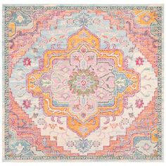 a colorful rug with an ornate design on the front and back side, in pastel colors