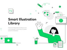 a woman sitting at a desk with her hand up in the air and text that reads smart illustration library