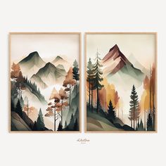 two paintings with trees and mountains in the background