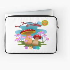 a laptop case with an image of mushrooms in the grass and sun behind it,