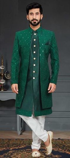 Green color IndoWestern Dress in Imported fabric with Resham, Sequence, Thread work Green Dresses With Zari Work For Ceremonies, Ceremonial Green Long Sleeve Dress, Green Festive Ceremonial Dress, Festive Green Ceremonial Dress, Elegant Green Ceremonial Dress, Elegant Green Dress For Ceremonial Occasions, Fitted Green Dress For Ceremony, Green Festive Dress For Ceremony, Green Festive Dresses For Ceremonies