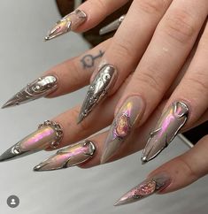 @404mast @kaul.nails on ig Drag Nails, Rave Nails, Silver Nail Designs, Rose Nail Art, Gel Nails Diy, Grunge Nails, Stiletto Nails Designs, Glow Nails, Crazy Nails