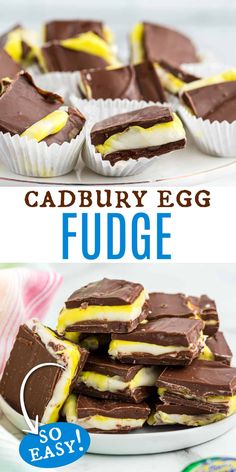 cadbury egg fudge on a plate with chocolate