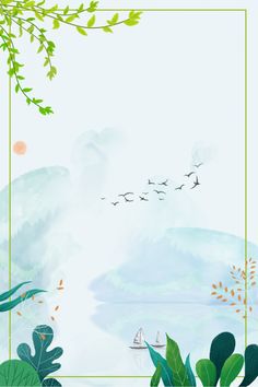 a painting with green leaves and birds flying over the water in front of a blue sky