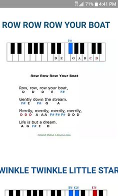 a keyboard with the words row row row your boat on it and an image of a piano