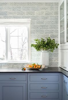 a kitchen with blue cabinets and wallpaper on the walls, along with a bowl of fruit