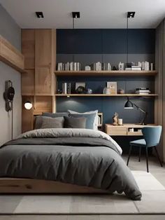 a bed sitting in a bedroom next to a desk and shelves filled with books on top of it