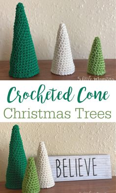 crocheted cone christmas trees on a shelf