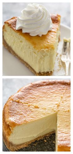 two pictures of a cheesecake with whipped cream on top and the same slice missing