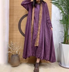 "【Fabric】 linen Lining  cotton 【Color】 Brown, peacock blue, purple 【Size】  Shoulder width is not limited Shoulder + Sleeve Length 68cm / 26\" Bust 130cm / 50\" Length 123cm / 47\" Washing & Care instructions: -Hand wash or gently machine washable do not tumble dry -Gentle wash cycle (40oC) -If you feel like ironing (although should not be necessary) , do it with steam or while the dress is still slightly wet -Do not bleach If you like this dress, perhaps you will also like other dresses from our Purple Maxi Dresses, Long Linen Dresses, Maxi Dress Spring, Maxi Linen Dress, Autumn Dresses, Brown Maxi Dresses, Dress For, Purple Maxi, Purple Maxi Dress