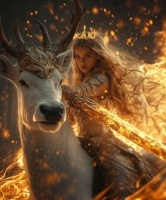 a woman riding on the back of a white deer next to a fire filled forest