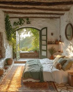 a bedroom with stone walls and an arched doorway leading to a bed room filled with furniture